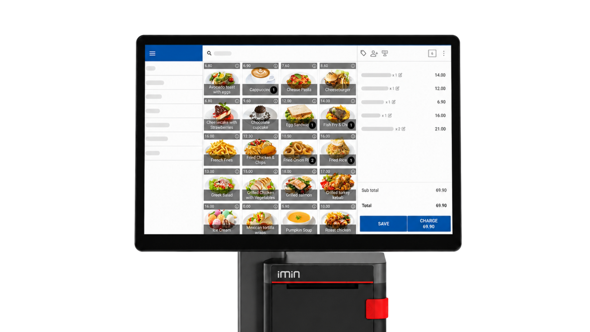 Halloo POS running on an iMin POS terminal showing a food ordering screen